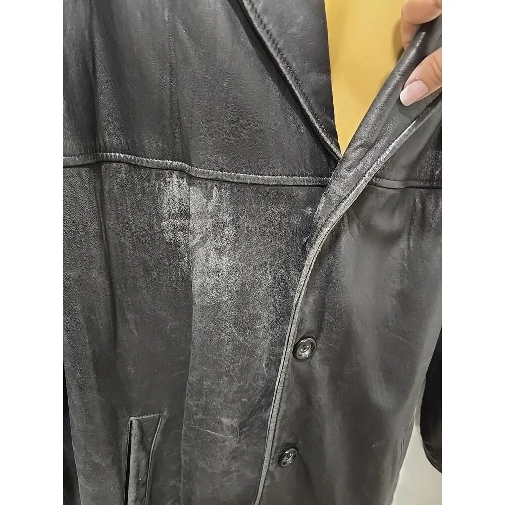 Black Leather Car Coat Jacket Mens 2XL Retro Grunge Punk Retro Thrashed Beatnik